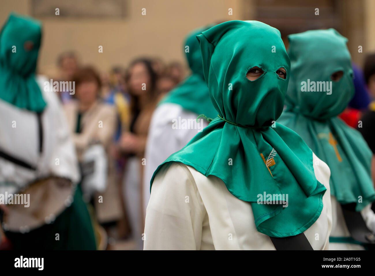 Portrait of a hooded person looking at camera, Holy Week Stock Photo