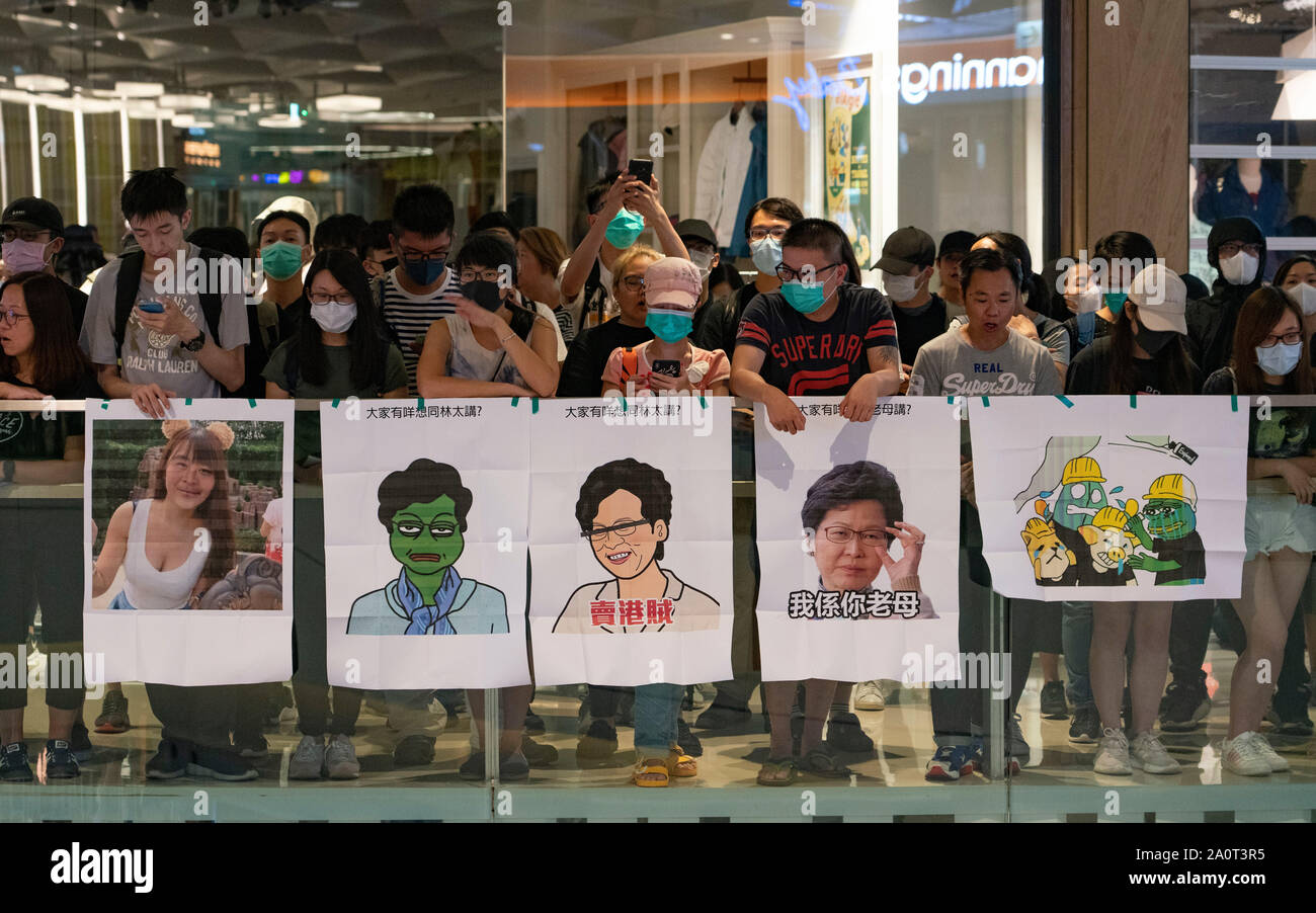 Tuen Mun, Hong Kong. 22nd Sep, 2019. Pro democracy demonstration and march through Tuen Mun in Hong Kong. Marchers protesting against harassment by sections of the pro Beijing community. Largely peaceful march had several violent incidents with police using teargas. Several arrests were made. Pictured; Protest in Yuen Long YoHo Mall. Credit: Iain Masterton/Alamy Live News Stock Photo