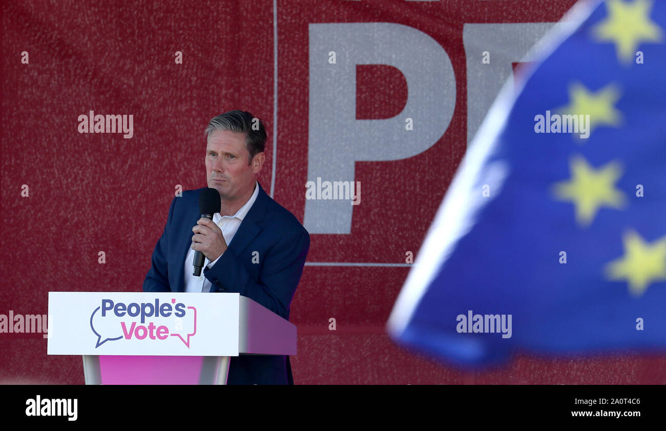 Shadow Brexit Secretary Sir Keir Starmer speaks at the Anti-Brexit 'Trust the People' march and rally held by the People's Vote campaign during the Labour Party Conference in Brighton. Stock Photo