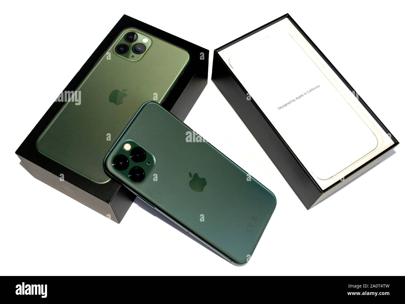 Dubai / UAE - September 21, 2019: New Midnight Green Apple Iphone 11 Pro in original box isolated on white background. Apple iphone 11 pro Stock Photo