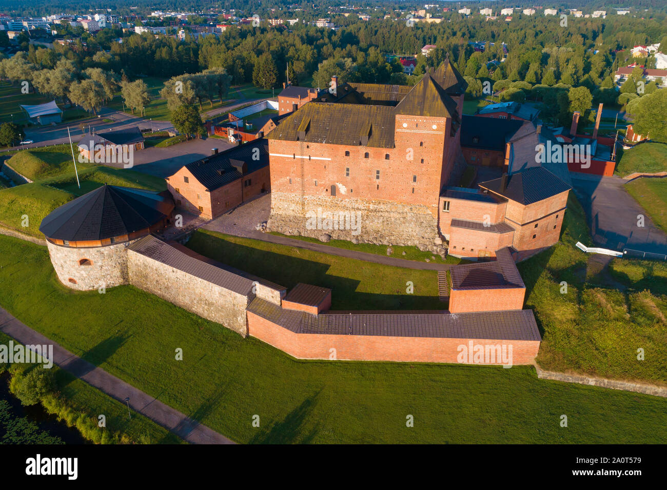 Hameenlinna Fortress close up on a July morning (shooting from a quadcopter). Finland Stock Photo