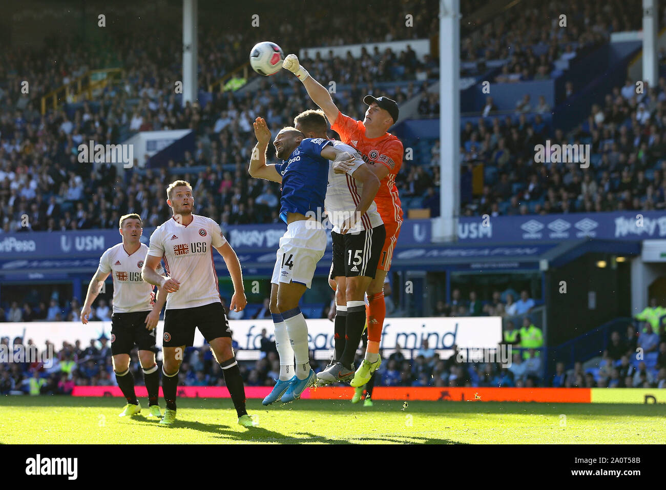 Liverpool, UK. 21st Sep, 2019. Sheffield United Goalkeeper Dean Henderson punches the ball clear. Premier League match, Everton v Sheffield United at Goodison Park in Liverpool on Saturday 21st September 2019. this image may only be used for Editorial purposes. Editorial use only, license required for commercial use. No use in betting, games or a single club/league/player publications. pic by Chris Stading/Andrew Orchard sports photography/Alamy Live news Credit: Andrew Orchard sports photography/Alamy Live News Stock Photo
