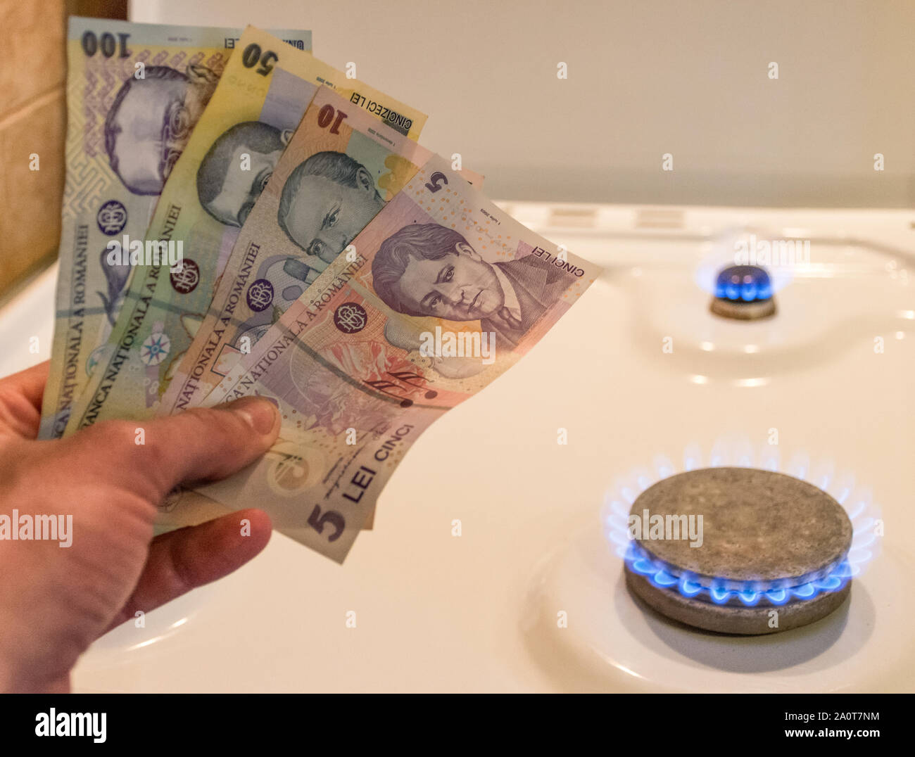 Energy efficiency concept with gas cooker and Romanian money the cost
