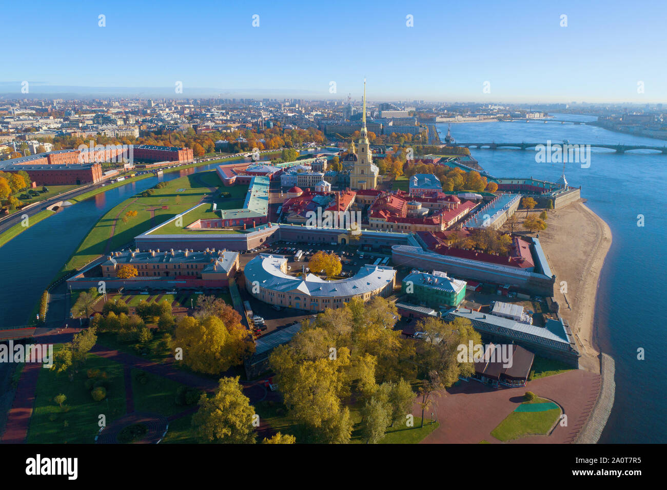 View of the Peter and Paul Fortress on a sunny October day (shooting from a quadcopter). Saint-Petersburg, Russia Stock Photo