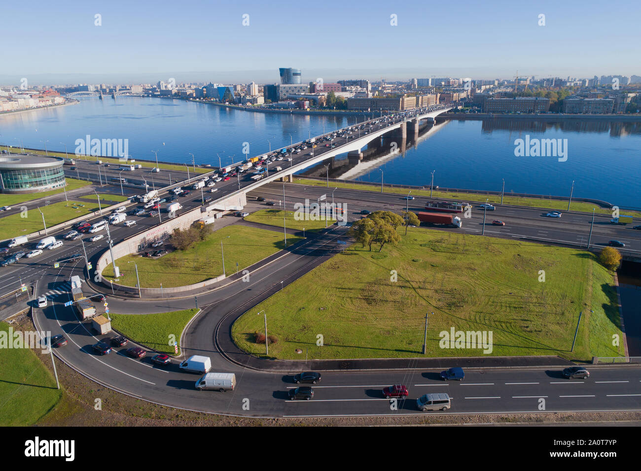 A view from the height of the Alexander Nevsky Bridge on a sunny October day. Saint-Petersburg, Russia Stock Photo