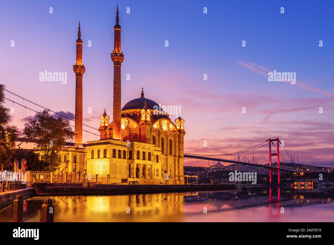 Ortakoy Mosque and the Bosphorus bridge in the night lights, Istanbul ...