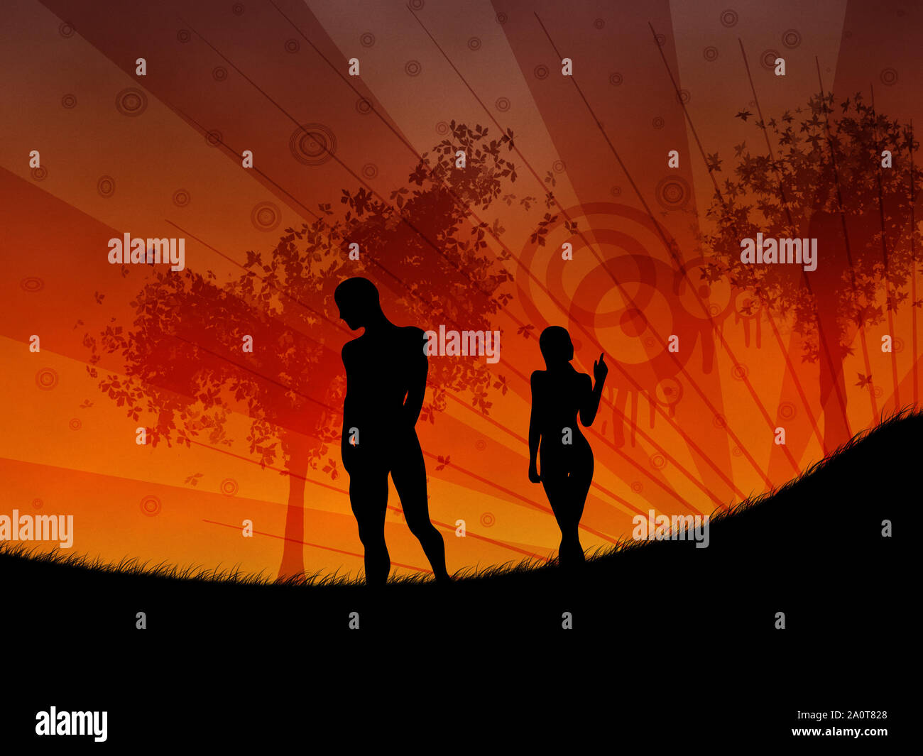 Illustration of couple in love walking at sunset time Stock Photo - Alamy