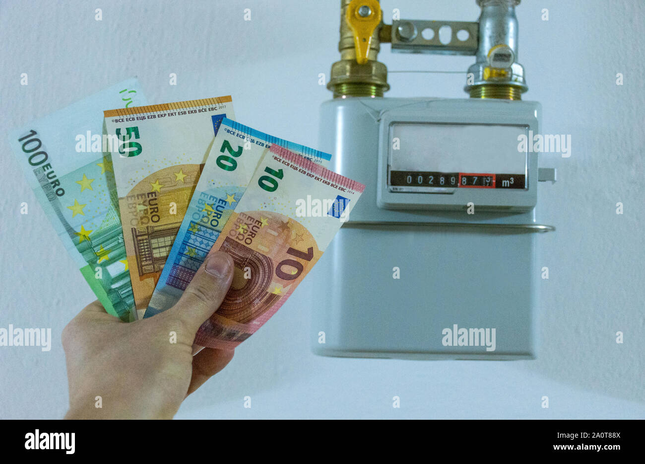 Energy efficiency concept with methane gas meter and euro currency