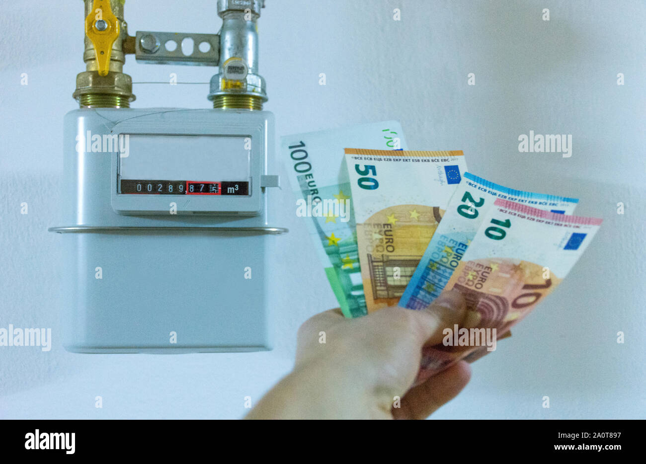 Energy efficiency concept with methane gas meter and euro currency