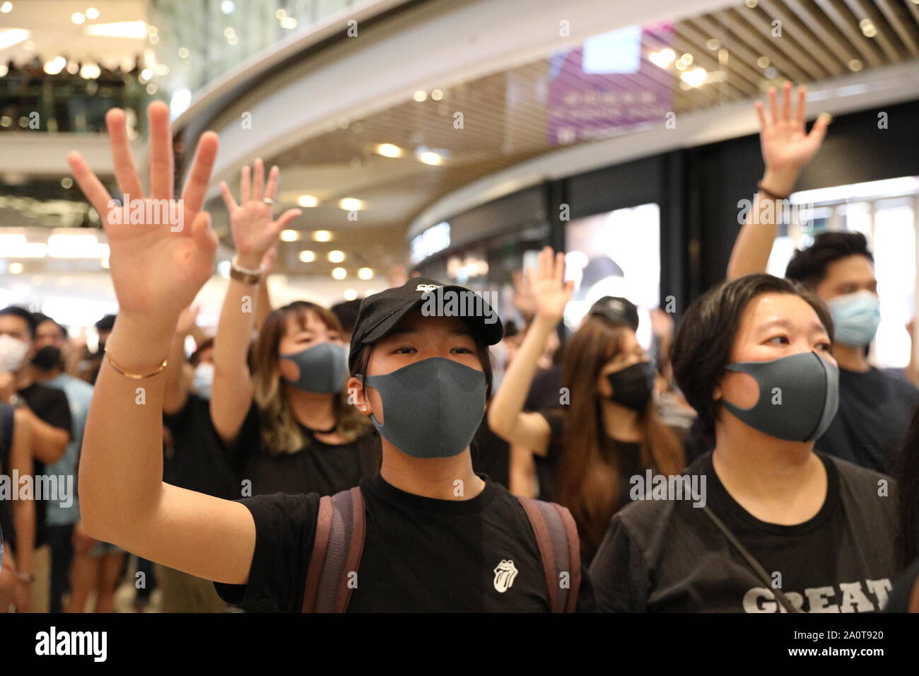 Hong Kong. 21st Sept 2019. Hong Kong Protesters held a sit in and singing session inside Yoho Mall in Yuen Long to mark 2 months since alleged triad attacks at Yuen Long MTR station Credit: David Coulson/Alamy Live News Stock Photo