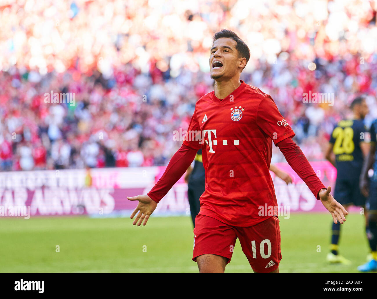 Munich, Germany. 21st Sep, 2019. Philippe COUTINHO, FCB 10 celebrates his  3-0 goal, happy, laugh, celebration, FC BAYERN MUNICH - 1.FC KÖLN 4-0 - DFL  REGULATIONS PROHIBIT ANY USE OF PHOTOGRAPHS as