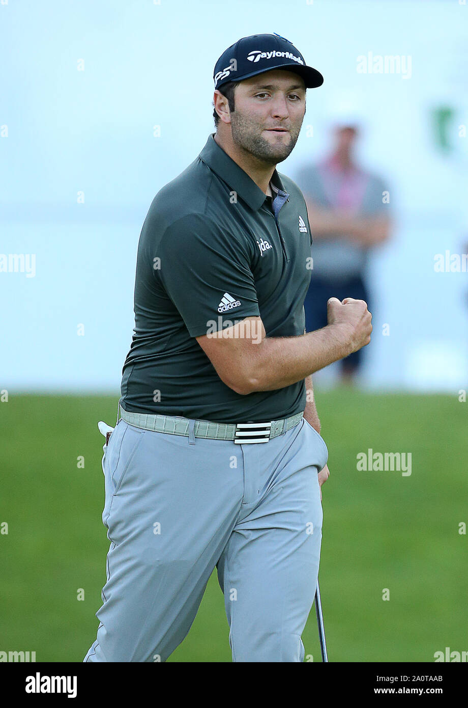 Wentworth Golf Club, Virginia Water, UK. 21 September 2019. Jon Rahm of Spain celebrates after his putt on the 18th hole during Day 3 at the BMW PGA Championship. Editorial use only. Credit: Paul Terry/Alamy. Credit: Paul Terry Photo/Alamy Live News Stock Photo