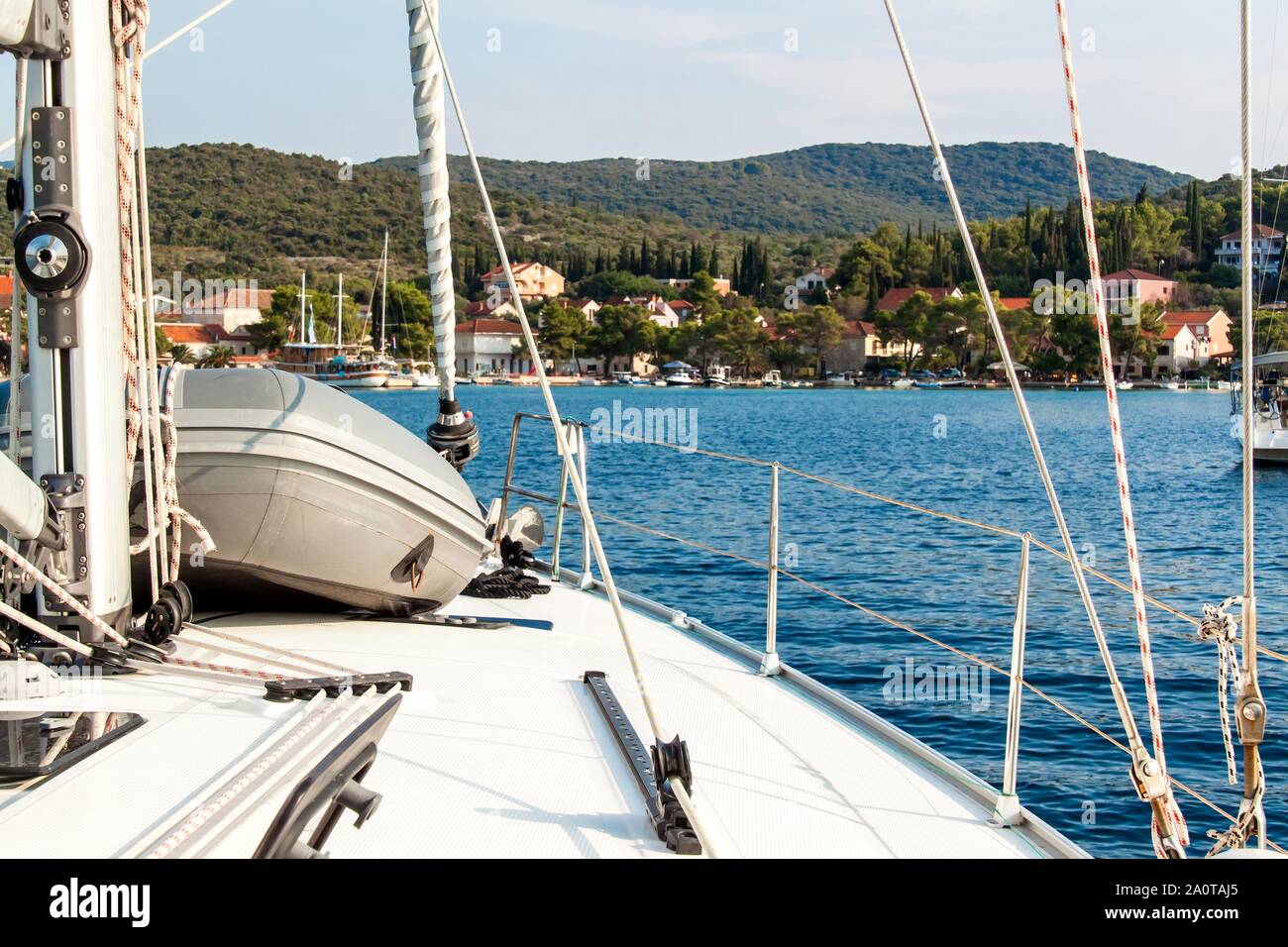 Coastline in Loviste , Peljesac, Croatia, view from yacht. Holiday in Croatia. Ship transportation. Yachting sport. Safe boat mooring. Stock Photo
