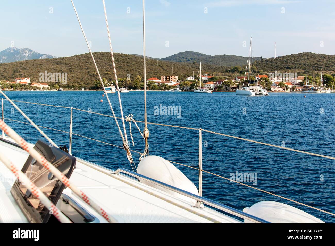 Coastline in Loviste , Peljesac, Croatia, view from yacht. Holiday in Croatia. Ship transportation. Yachting sport. Safe boat mooring. Stock Photo