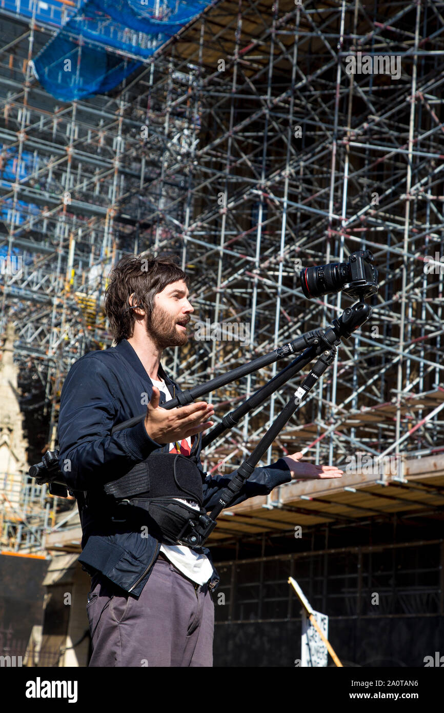 20 September 2019, London, UK - Man reporting live from the Global Climate Strike in Westminster Stock Photo