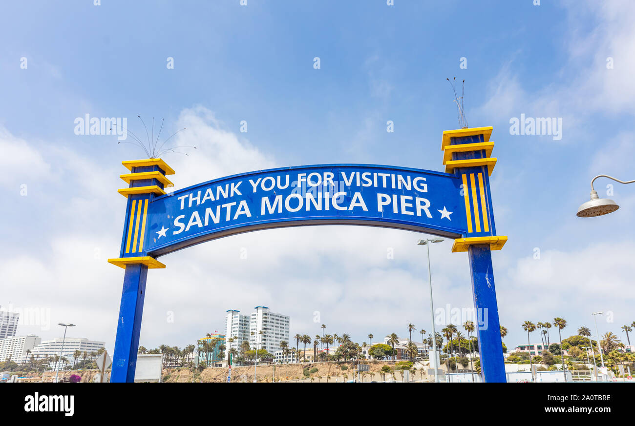 Santa Monica, Los Angeles California USA. May 31, 2019. Santa Monica pier, thank you for visiting arch sign, cloudy blue sky, spring day Stock Photo