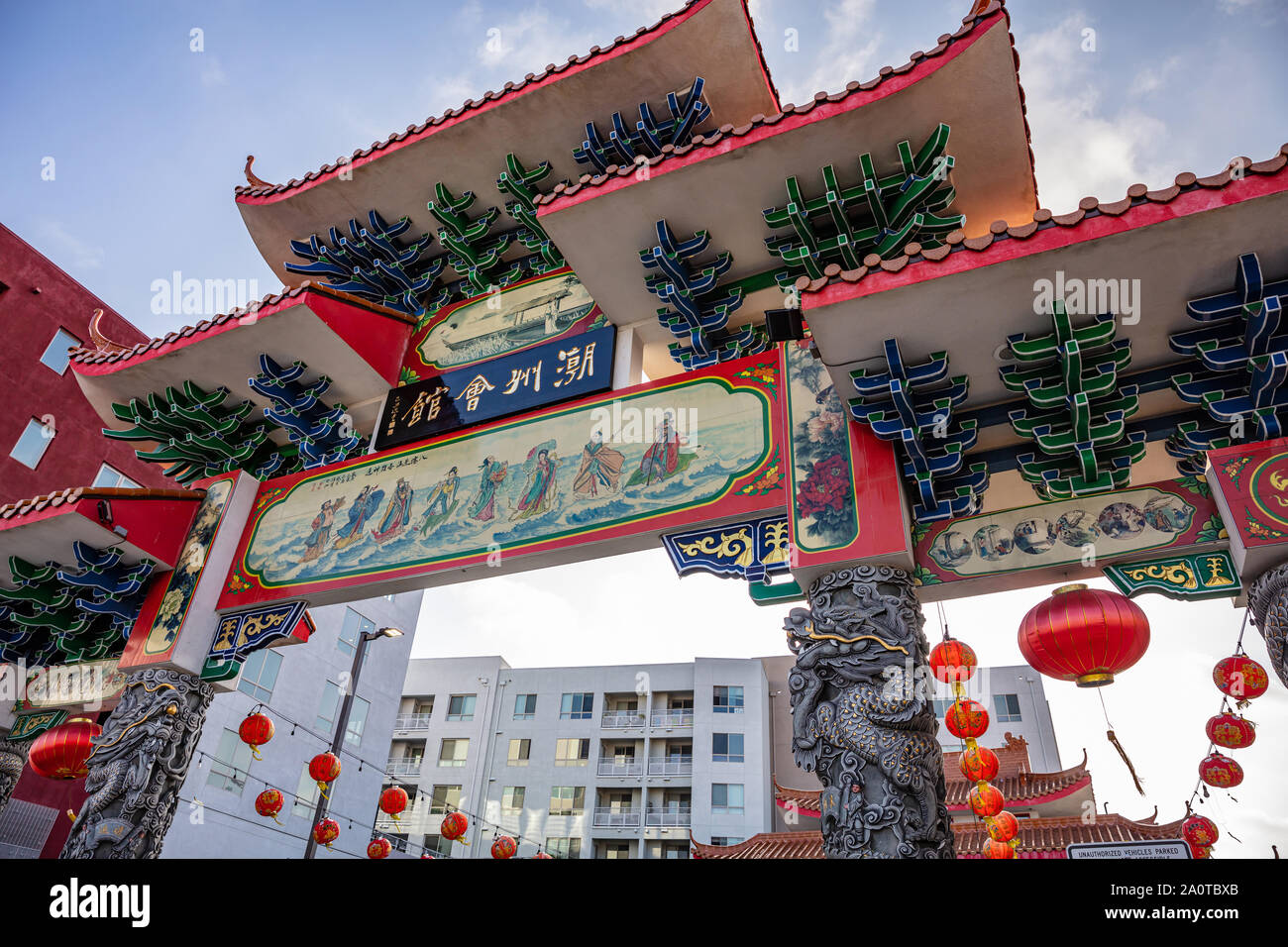 Los Angeles, California USA. June 1, 2019. LA Chinatown gate, chinese paper lanterns decoration Stock Photo