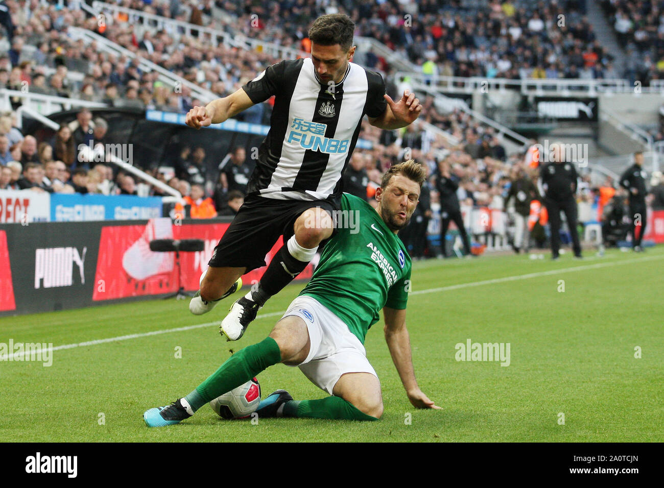 Newcastle, UK. 21st Sep, 2019.  Newcastle United's Fabian Schar competes for the ball with Brighton & Hove Albion's Dale Stephens during the Premier League match between Newcastle United and Brighton and Hove Albion at St. James's Park, Newcastle on Saturday 21st September 2019. (Credit: Steven Hadlow | MI News) Photograph may only be used for newspaper and/or magazine editorial purposes, license required for commercial use Credit: MI News & Sport /Alamy Live News Stock Photo