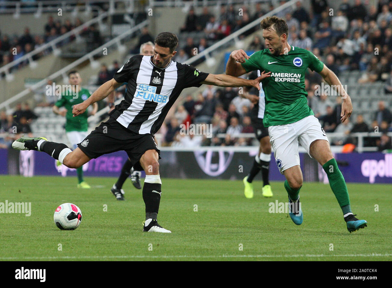 Newcastle, UK. 21st Sep, 2019.  Newcastle United's Fabian Schar competes for the ball with Brighton & Hove Albion's Dale Stephens during the Premier League match between Newcastle United and Brighton and Hove Albion at St. James's Park, Newcastle on Saturday 21st September 2019. (Credit: Steven Hadlow | MI News) Photograph may only be used for newspaper and/or magazine editorial purposes, license required for commercial use Credit: MI News & Sport /Alamy Live News Stock Photo