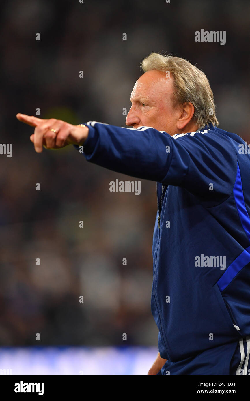 13th September 2019, Pride Park, Derby, England; Sky Bet Championship Football, Derby County vs Cardiff City ; Manager of Cardiff City, Neil Warnock  Credit: Jon Hobley/News Images   English Football League images are subject to DataCo Licence Stock Photo