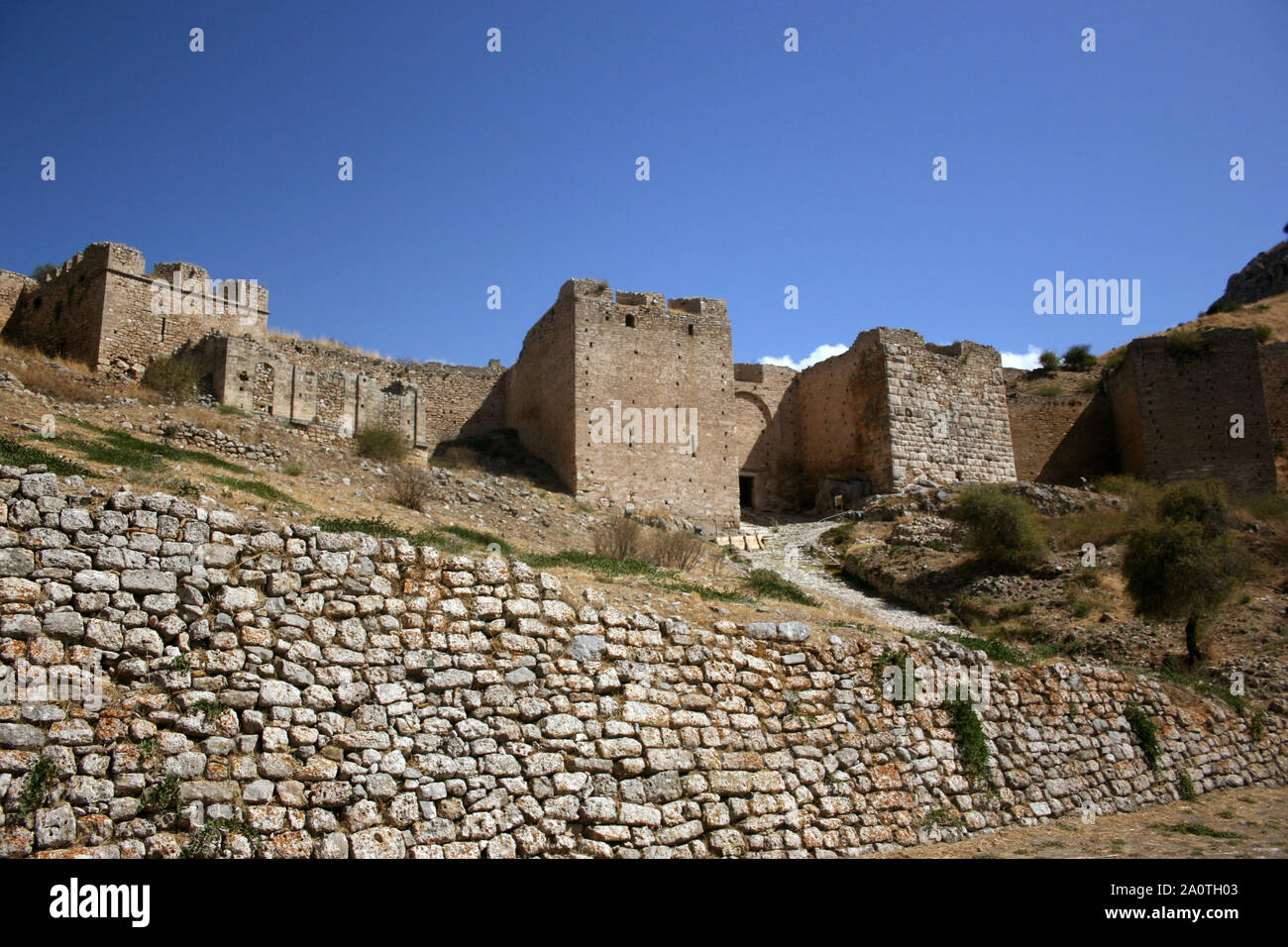 The gates of Acrocorinth Castle in ancient Corinth, Greece Stock Photo