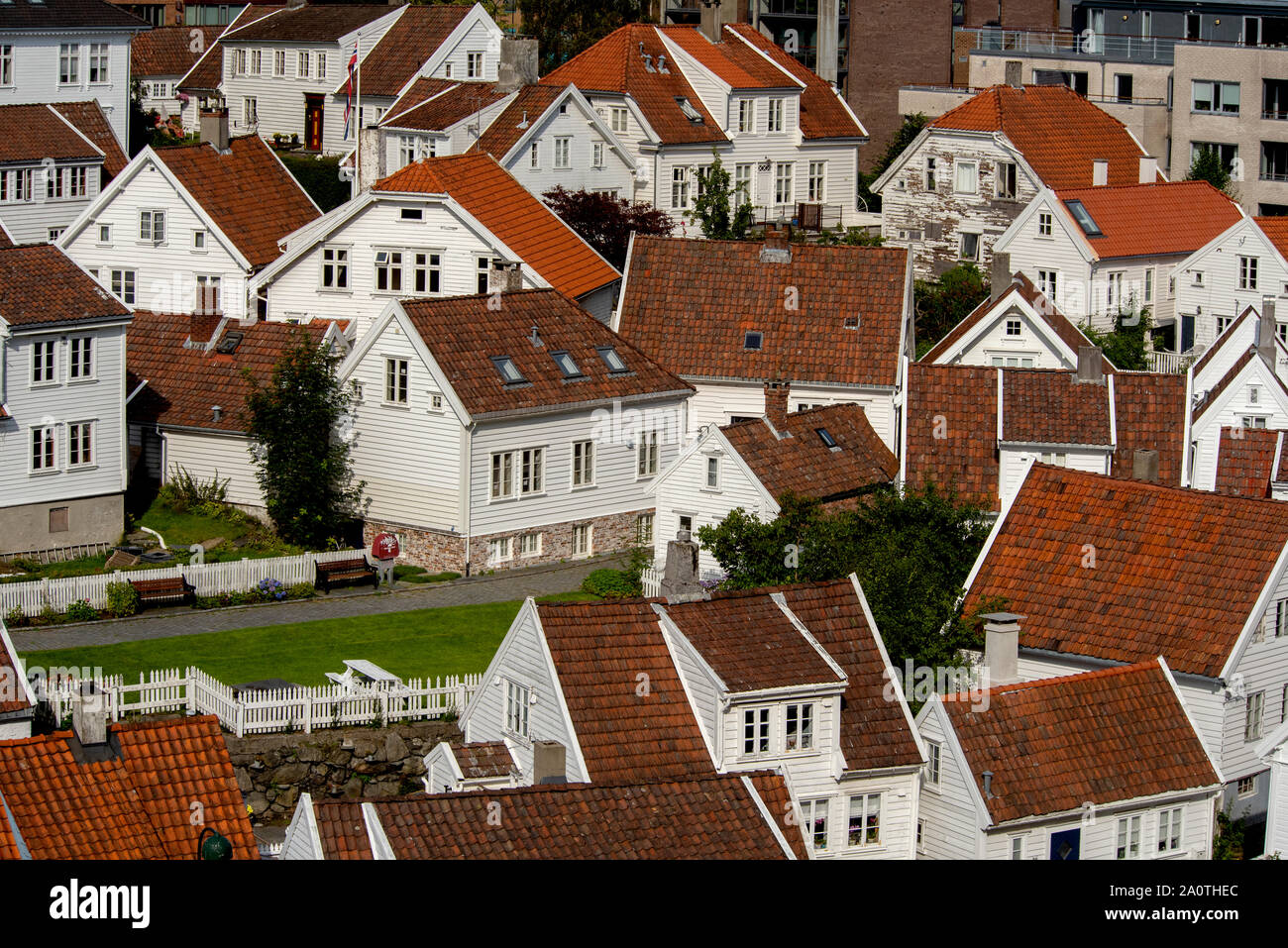 White 18th century wooden houses of Old Stavanger on the side of Vågen Stock Photo