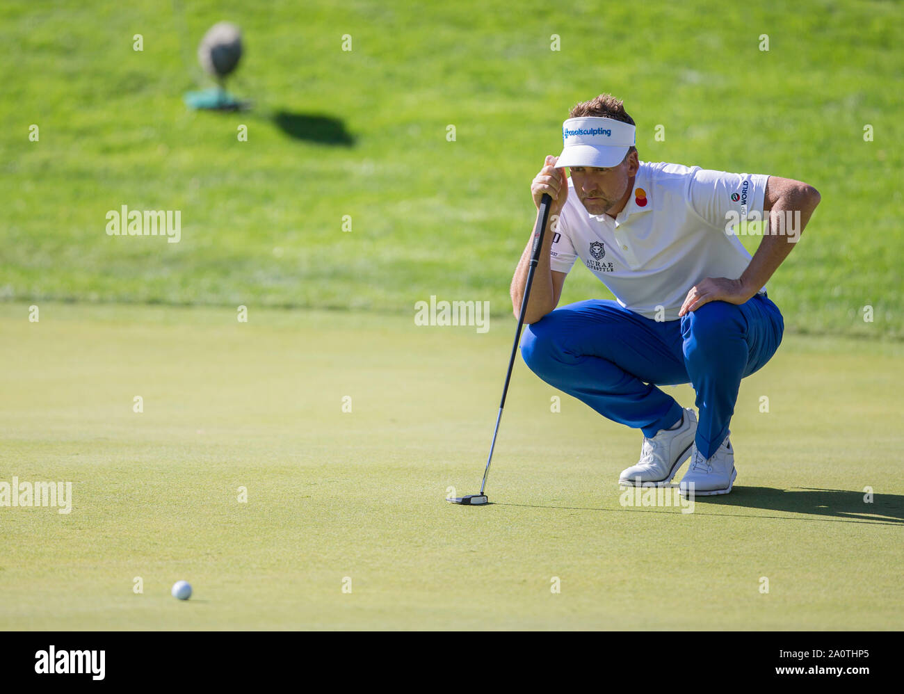 21st September 2019; Wentworth Club, Surrey, England; European Tour Golf,  BMW PGA Championship Wentworth, Third Round; Ian Poulter (ENG) currently  ranked number 12 in the Race to Dubai checking the line of