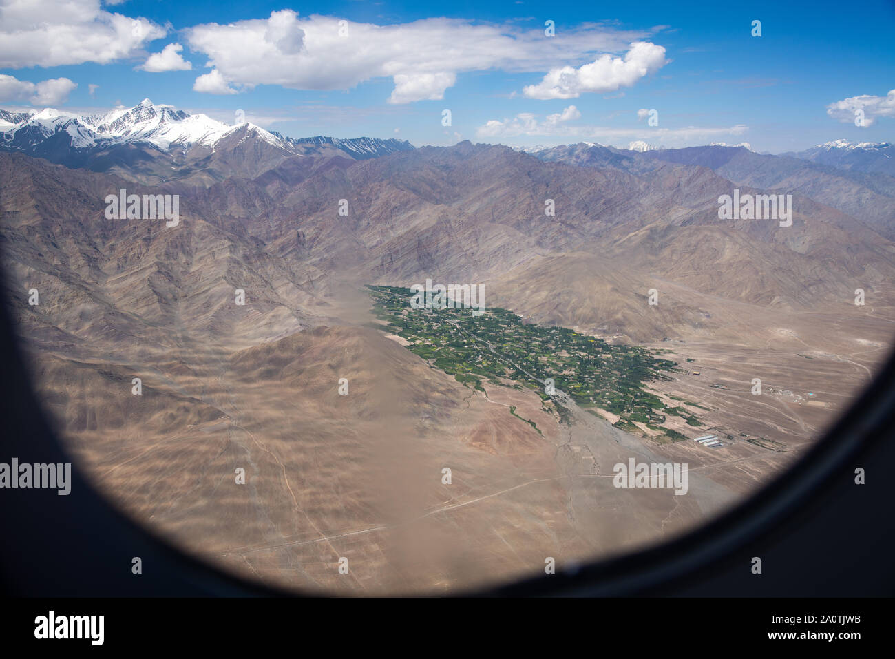 aerial view of mountain range with oasis at Ladakh, northern India Stock Photo