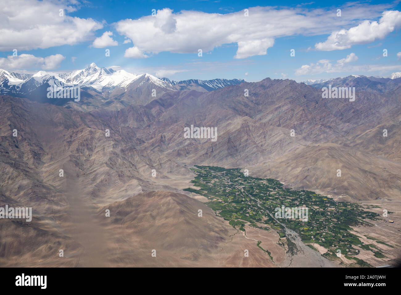 aerial view of mountain range with oasis at Ladakh, northern India Stock Photo