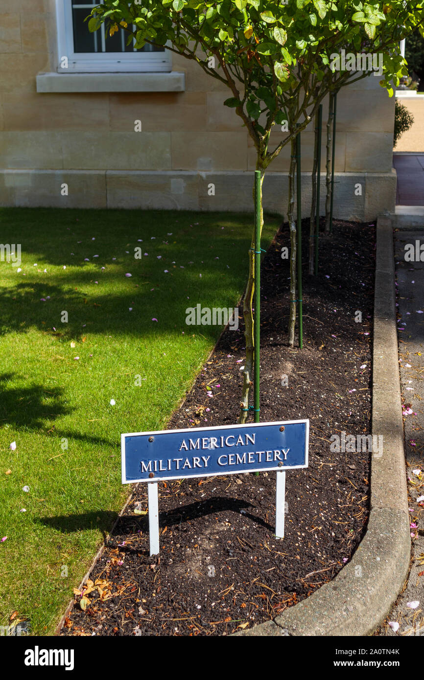 Sign at the entrance to the American Military Cemetery in the Military Cemeteries at Brookwood Cemetery, Pirbright, Woking, Surrey, southeast England Stock Photo