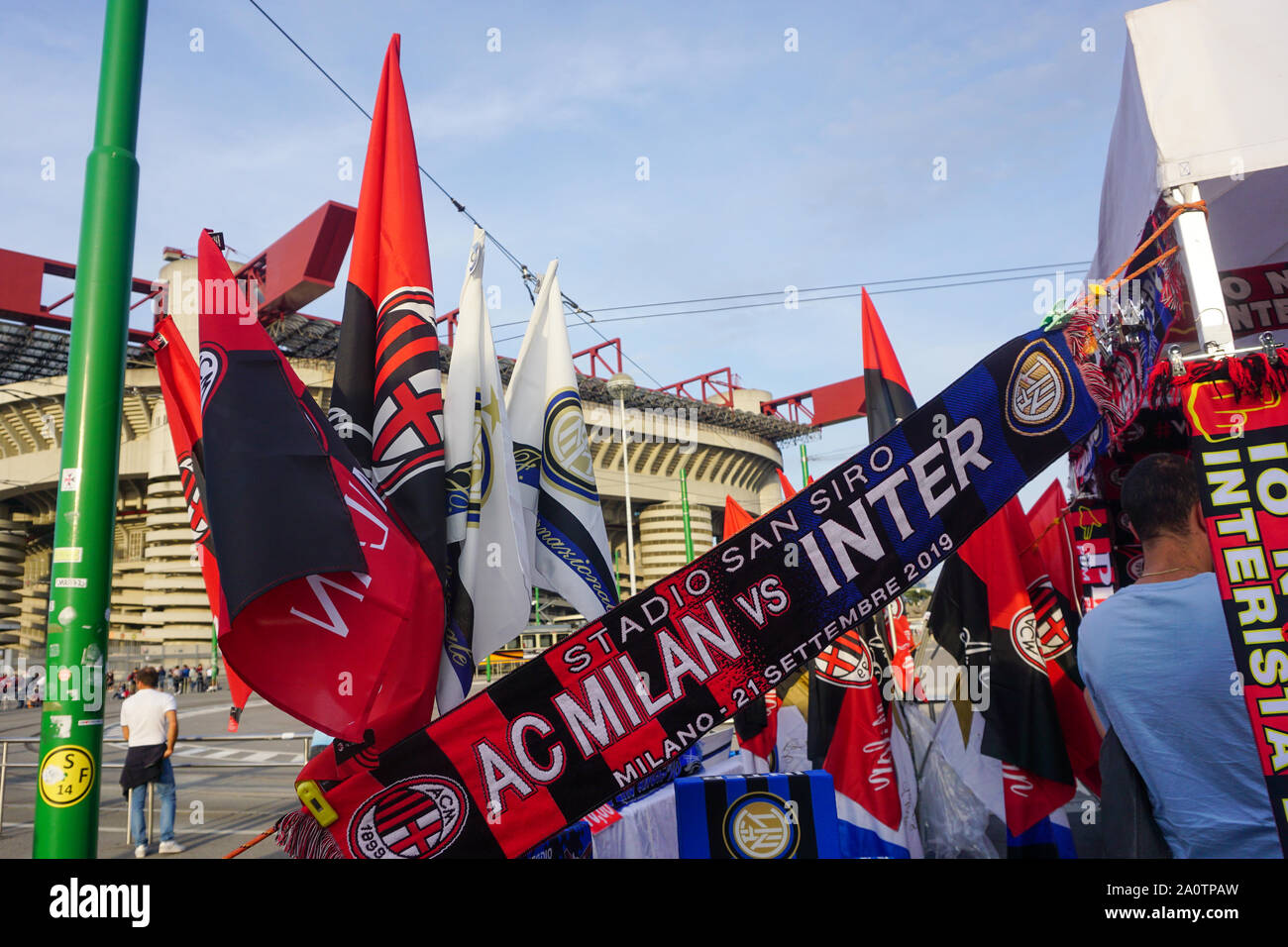 MILAN, ITALY - SEPTEMBER 21: View outside the stadium of San Siro with the  scarf of the derby during the Seria A match between AC Milan vs FC  Internazionale at Stadio San