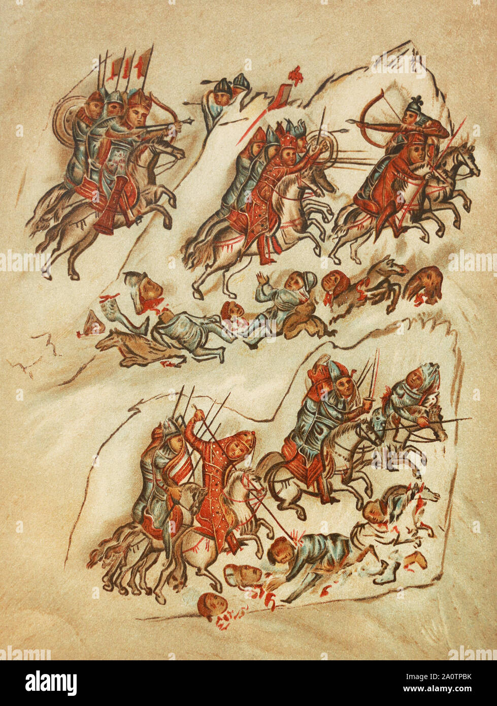 The battle between the Russian and Bulgarian riders in the 10th century. Medieval miniature. Stock Photo