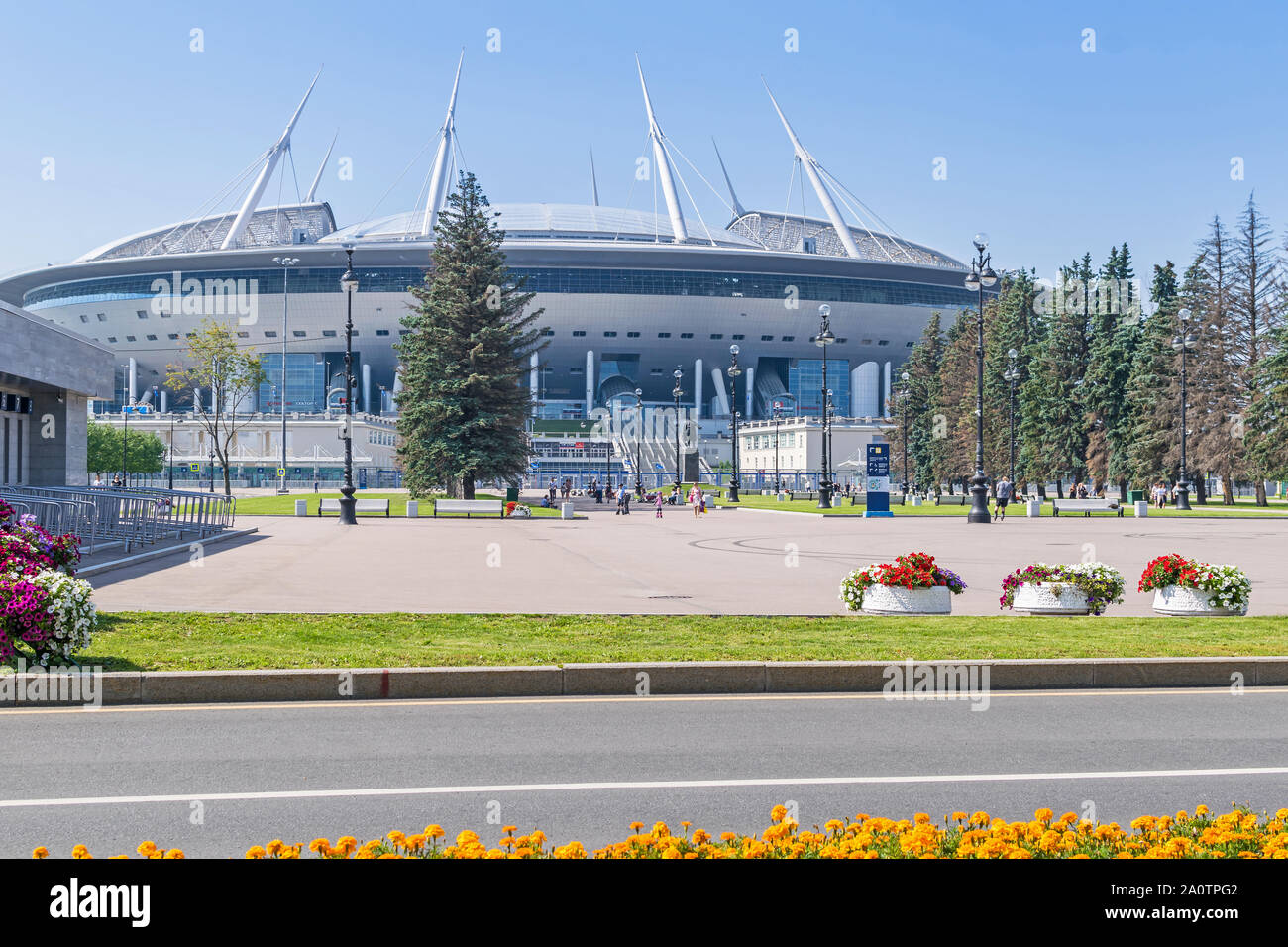 Saint Petersburg, Russia -  July 27, 2019: Gazprom Arena or Zenit Arena, all-weather and high-tech largest venue of the city with its retractable roof Stock Photo