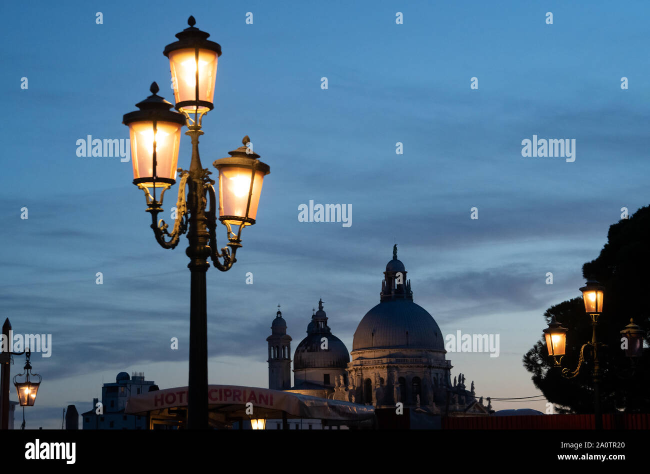 Ornate lamp posts at dusk with Santa Maria della Salute, St Mark's square, Venice, Italy Stock Photo
