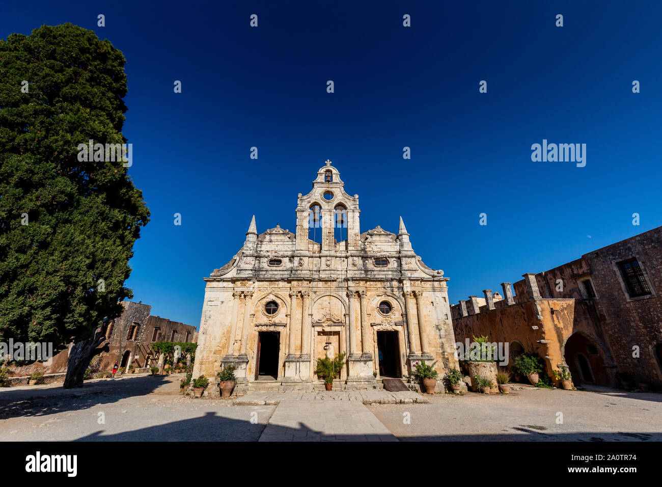 Front facade of the Monastery of Arkadi (Moní Arkadíou), an Eastern Orthodox monastery located next to Rethymno, North Crete, Greece Stock Photo