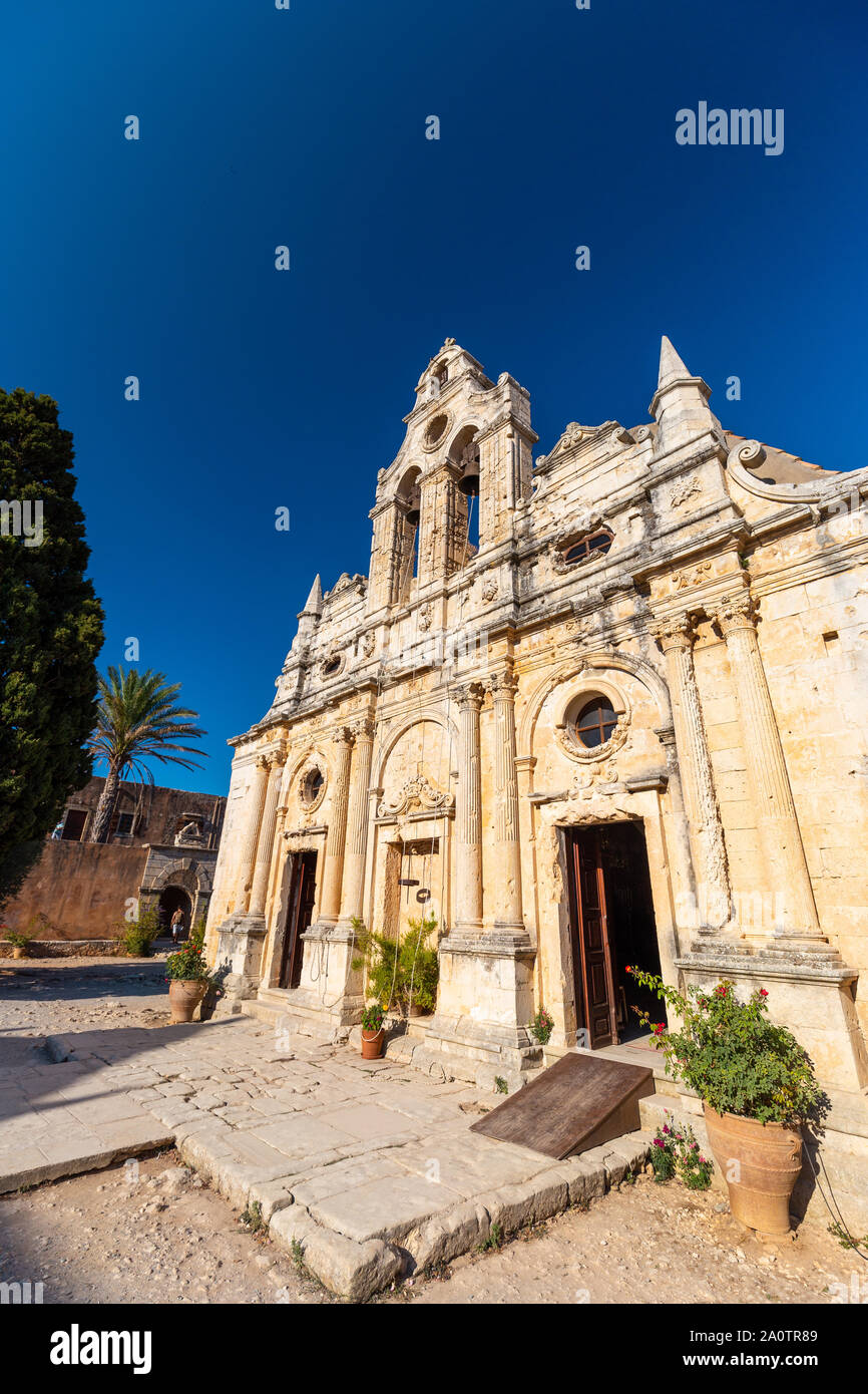 Front facade of the Monastery of Arkadi (Moní Arkadíou), an Eastern Orthodox monastery located next to Rethymno, North Crete, Greece Stock Photo
