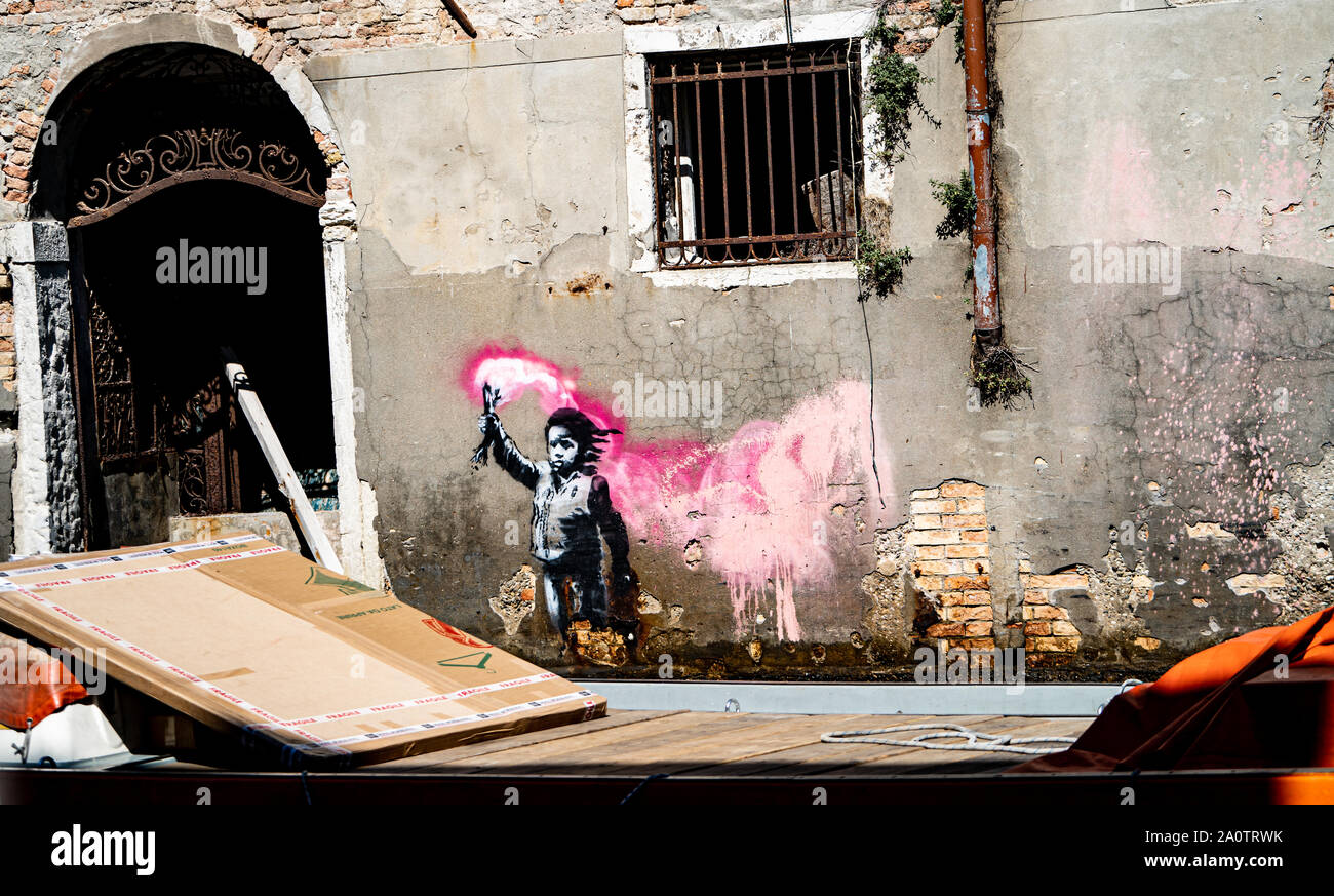 Banksy 'Migrant Child', mural / graffiti / art, Dorsoduro district