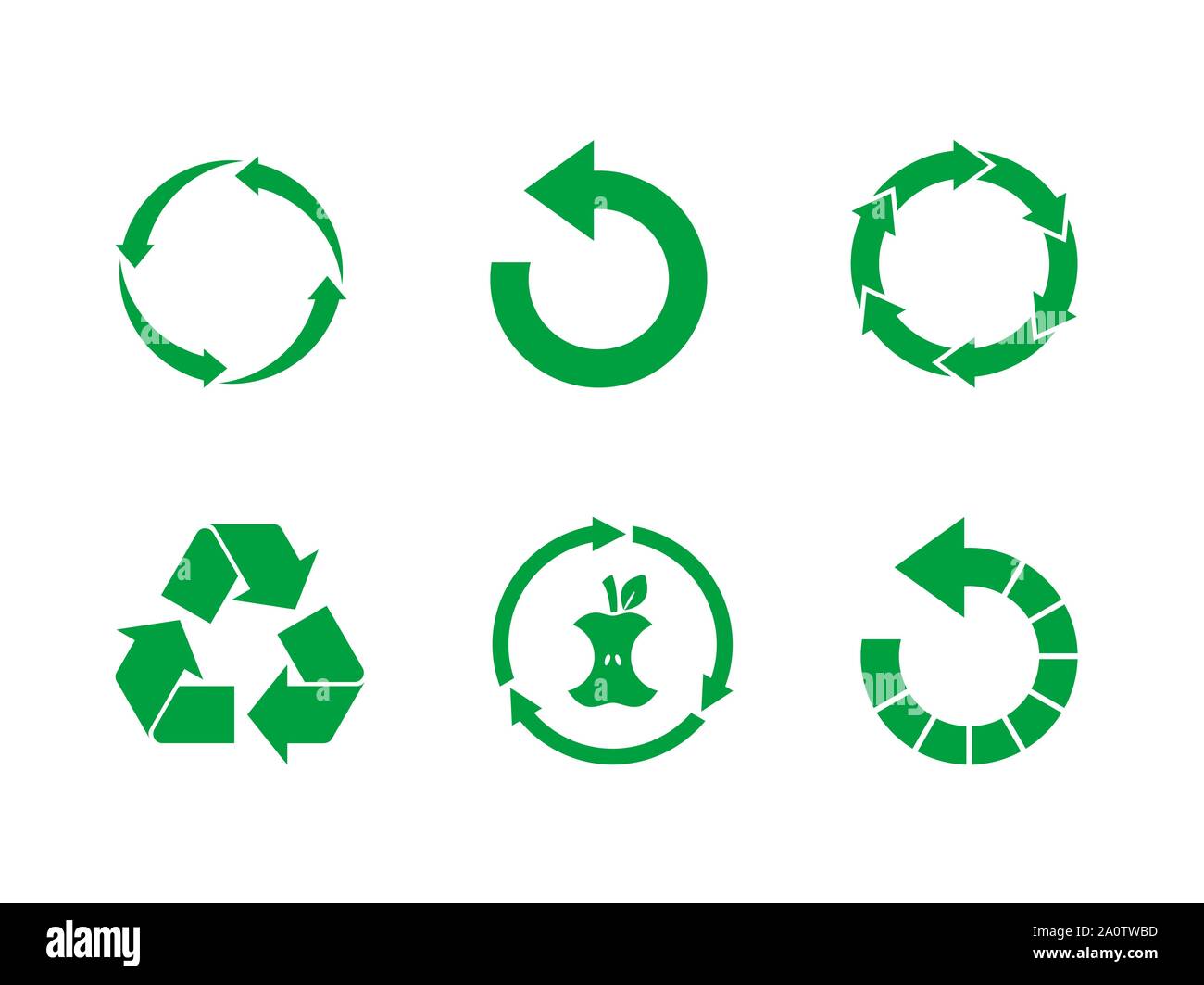 Green recycle sign set on white background. Reuse,renew,compost food waste,concept.Recycle symbol vector set.Collection of 6 different recycling icons Stock Vector
