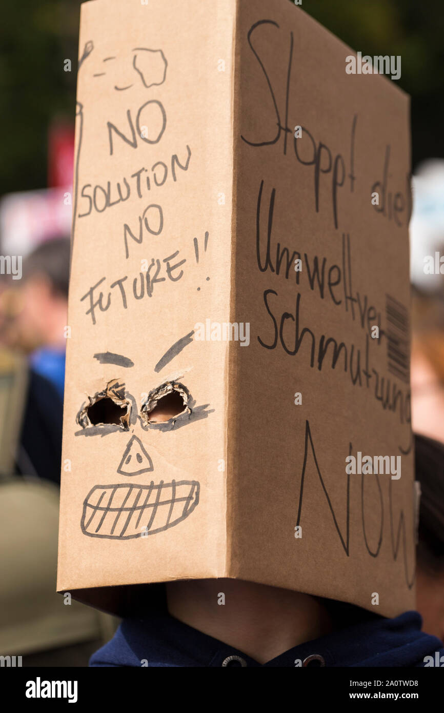 Berlin, Germany 9/20/2019 A young protester with a cardboard box over the head that reads NO SOLUTION NO FUTURE. Fridays For Future Demonstration In B Stock Photo