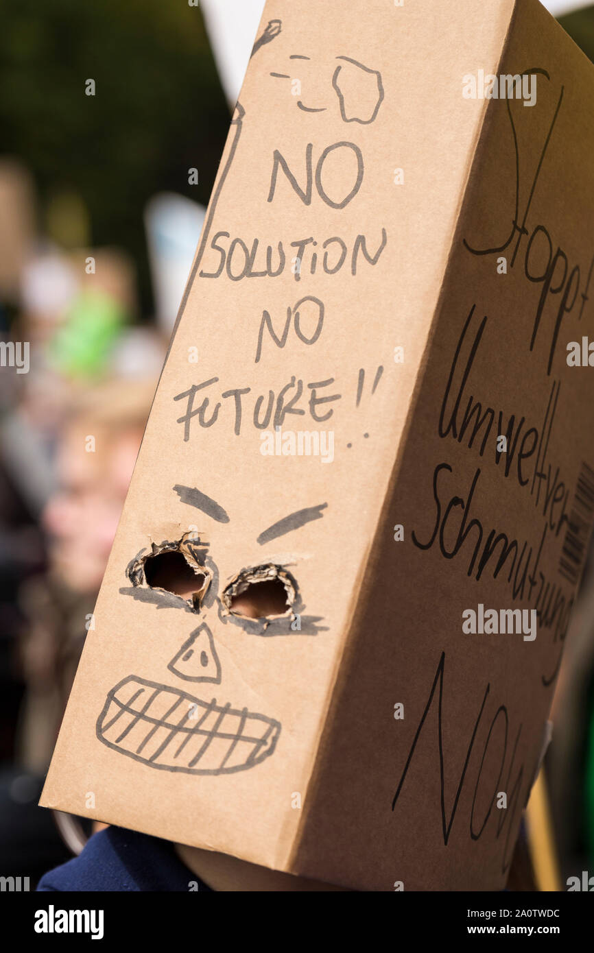 Berlin, Germany 9/20/2019 A young protester with a cardboard box over the head that reads NO SOLUTION NO FUTURE. Fridays For Future Demonstration Stock Photo