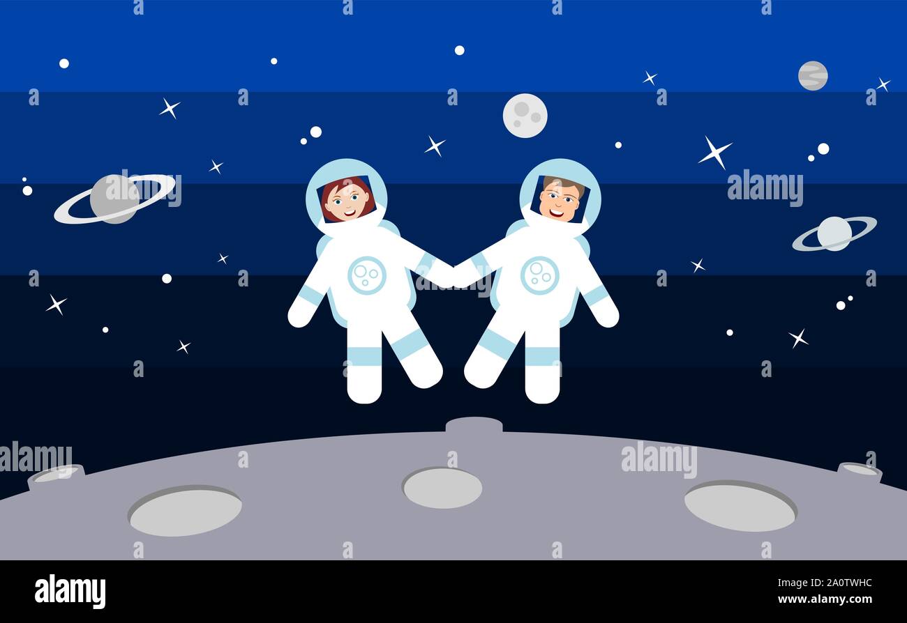 Two astronauts float in space holding hands. Happy man and woman in ...