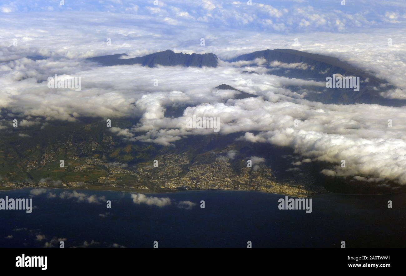 Aerial view of cloudy St Denis, La Reunion, Indian Ocean Stock Photo