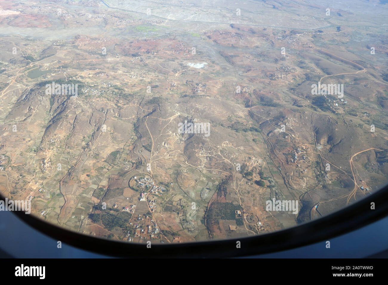 Aerial view of central highlands near Antananarivo, with ancient fortifications visible, Madagascar Stock Photo