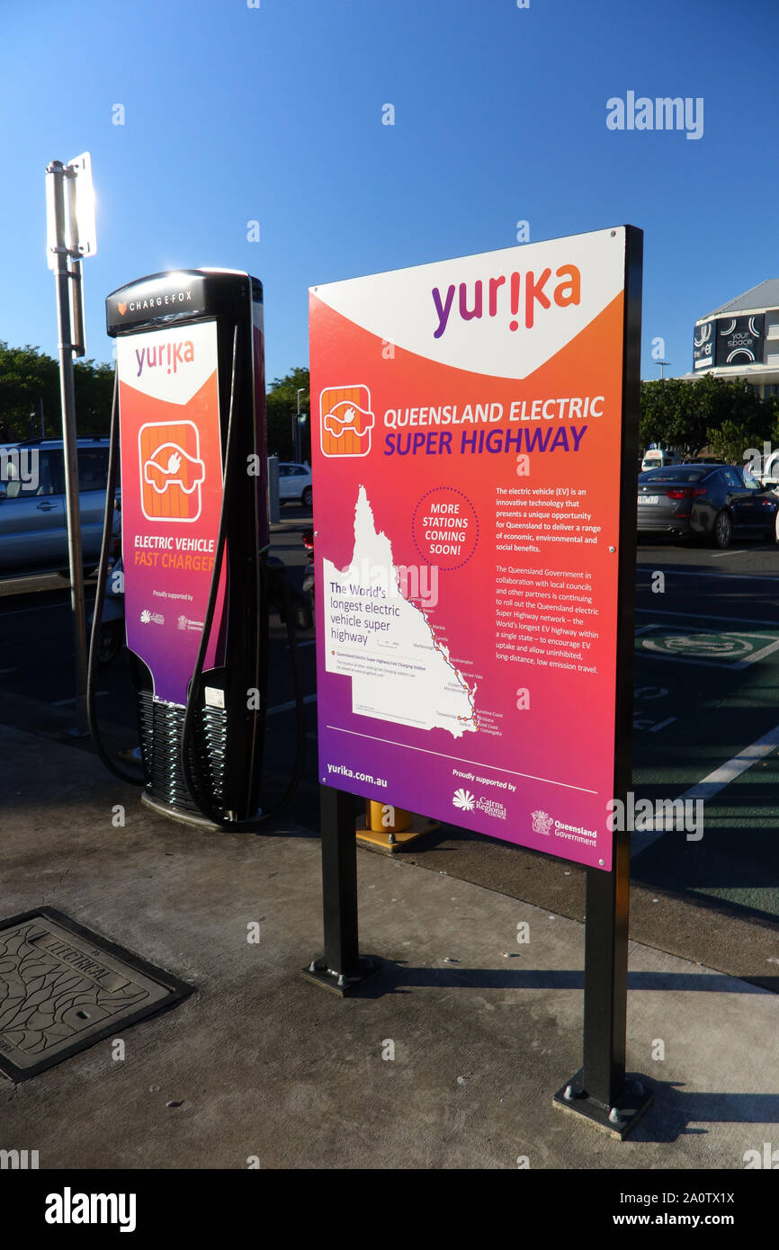 Signage and station for Yurika, Queensland's electric superhighway, Cairns, Queensland, Australia. No PR Stock Photo