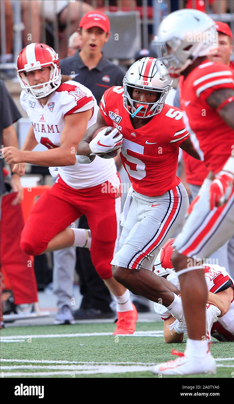 Columbus, Ohio, USA. 21st Sep, 2019. Garrett Wilson (5) of the Ohio State Buckeyes running with the ball during the NCAA football game between the Miami Redhawks & Ohio State Buckeyes at Ohio Stadium in Columbus, Ohio. JP Waldron/Cal Sport Media/Alamy Live News Stock Photo