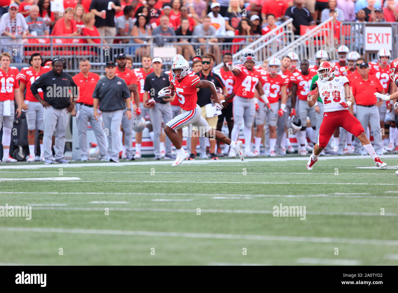 Columbus, Ohio, USA. 21st Sep, 2019. Garrett Wilson (5) of the Ohio State Buckeyes running towards the endzone during the NCAA football game between the Miami Redhawks & Ohio State Buckeyes at Ohio Stadium in Columbus, Ohio. JP Waldron/Cal Sport Media/Alamy Live News Stock Photo