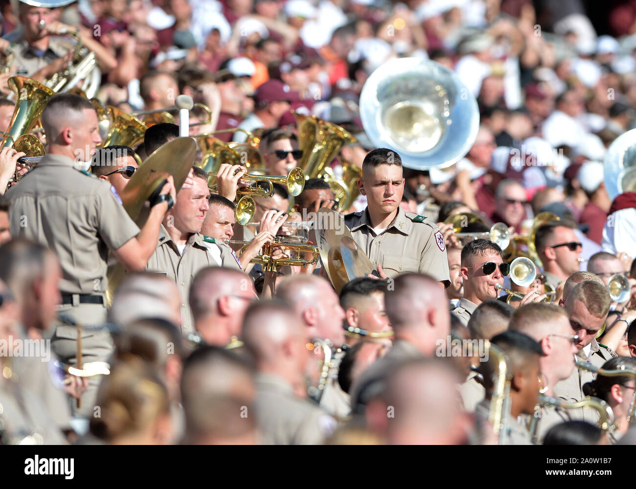 College Station, TX, USA. 21st Sep, 2019. Texas A&M Aggies Marching band performing during the game between the Auburn University Tigers and the Texas A&M University Aggies at Kyle Field Stadium in College Station, TX. Auburn Tigers wins against Texas A&M Aggies, 28-20. Patrick Green/CSM/Alamy Live News Stock Photo