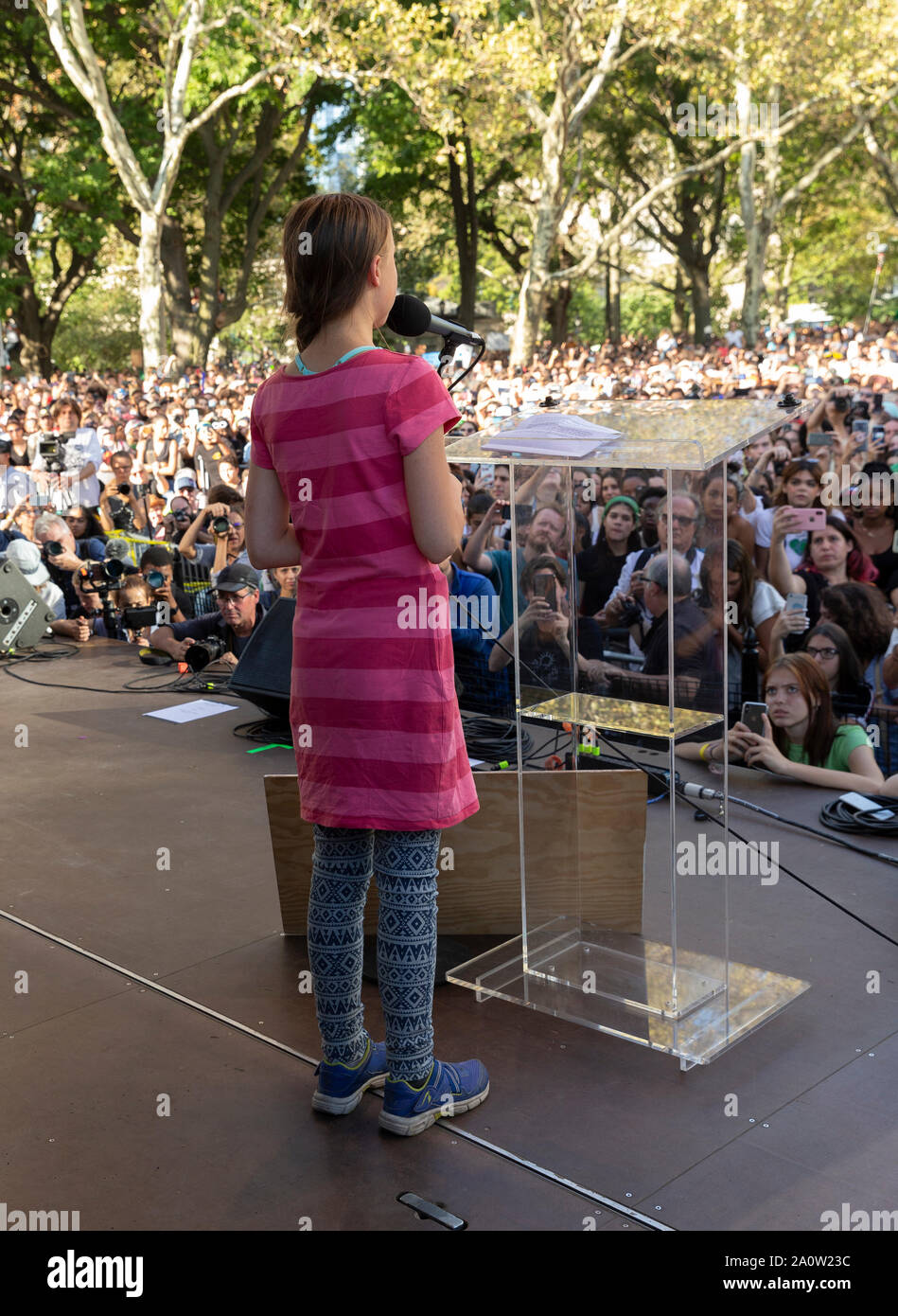 NEW YORK, NY - SEPTEMBER 20: Greta Thunberg speaks on stage during NYC  Climate Strike rally and demonstration at Battery Park on September 20,  2019 in Stock Photo - Alamy