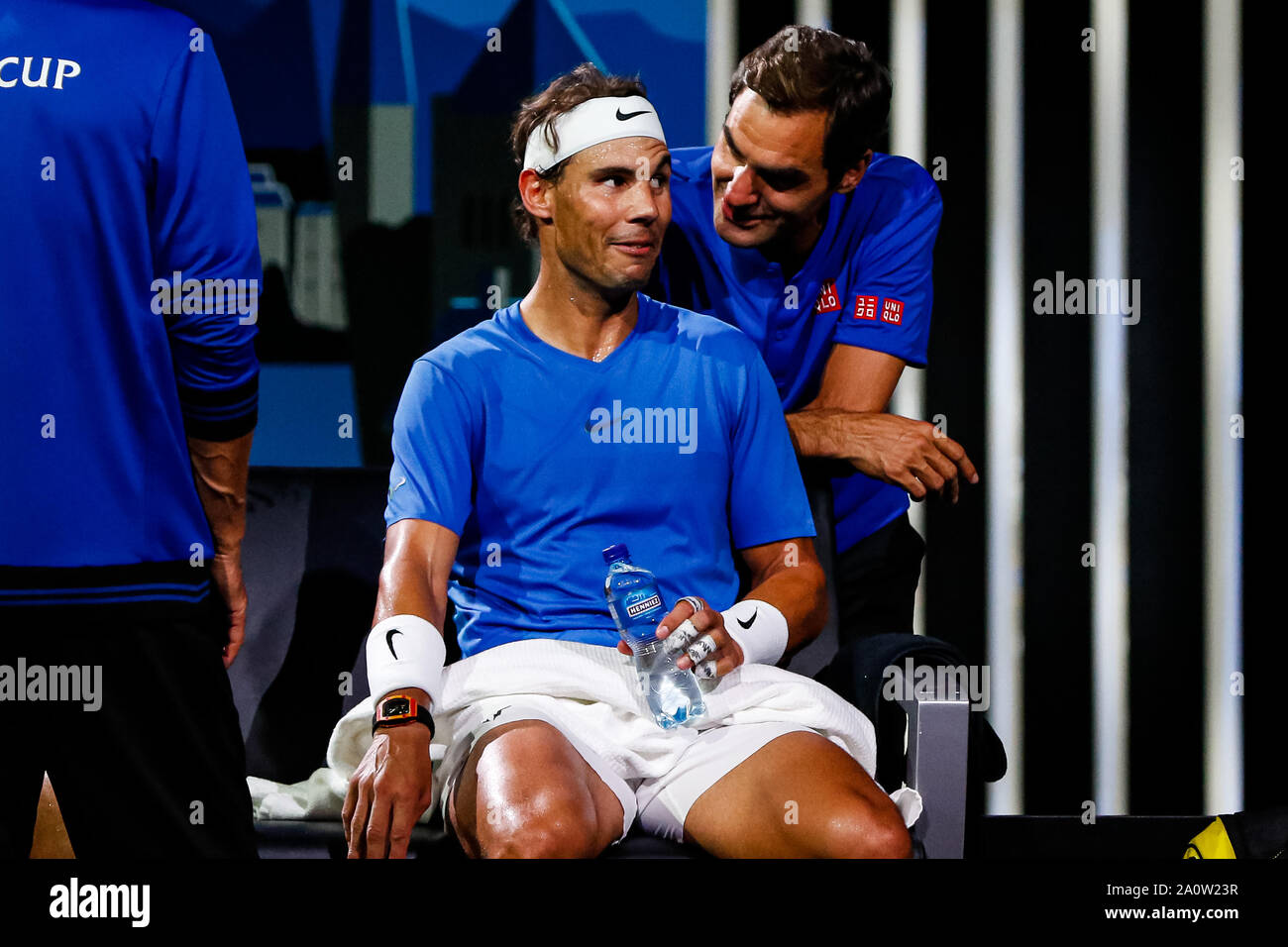Geneva, Switzerland. 21st Sep, 2019. Rafael Nadal of Team Europe and Roger  Federer of Team Europe reacts during Day 2 of the Laver Cup 2019 at Palexpo  on September 21, 2019 in