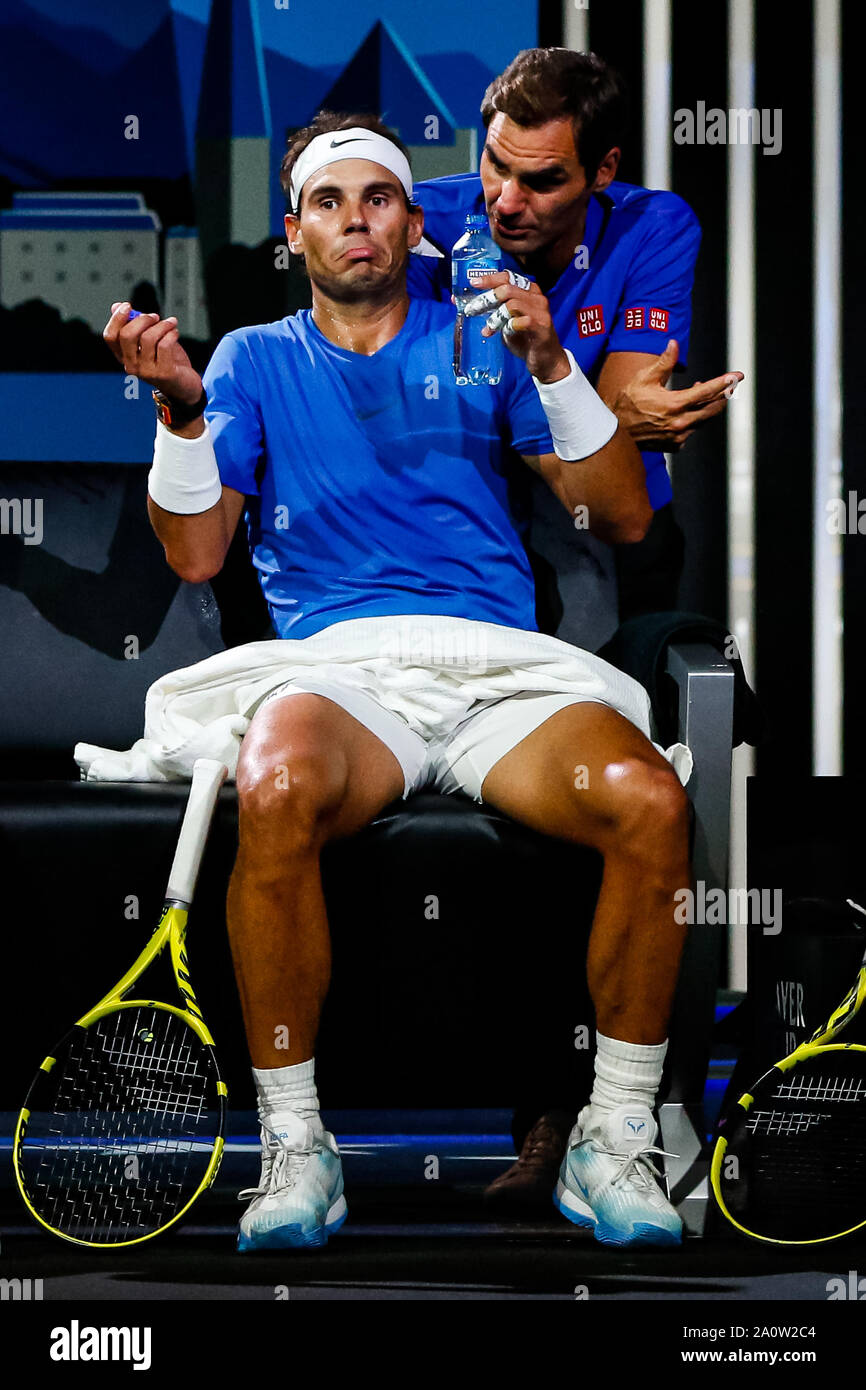 Geneva, Switzerland. 21st Sep, 2019. Rafael Nadal of Team Europe and Roger  Federer of Team Europe reacts during Day 2 of the Laver Cup 2019 at Palexpo  on September 21, 2019 in